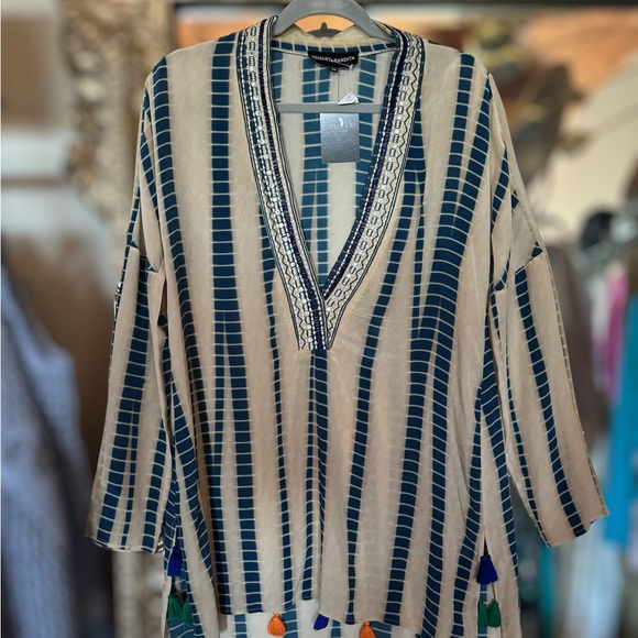 Hemant And Nandita Silk Mini W/Heavy Beaded Neckline & Tassel Hi Lo Bottom - Picture 2 of 7